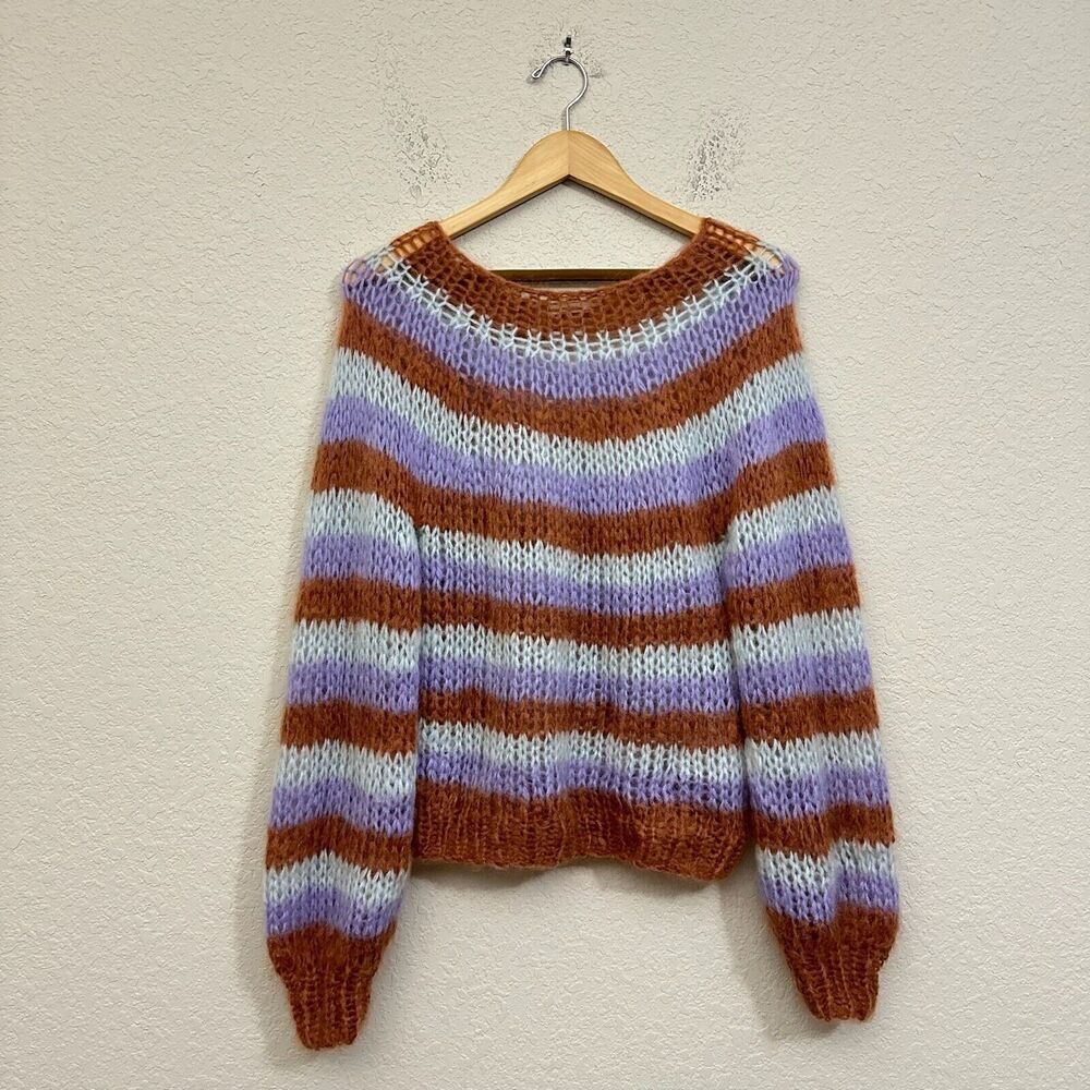 NWOT MAIAMI Stripe Mohair Sweater Oversized Open-Knit Colorblock Handmade